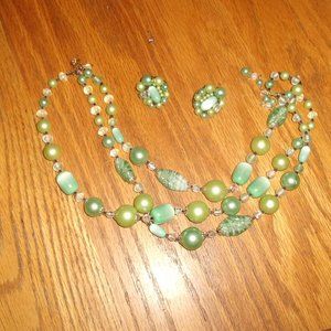 Necklace clip earrings set gold tone mint green glass lucite beads triple strand